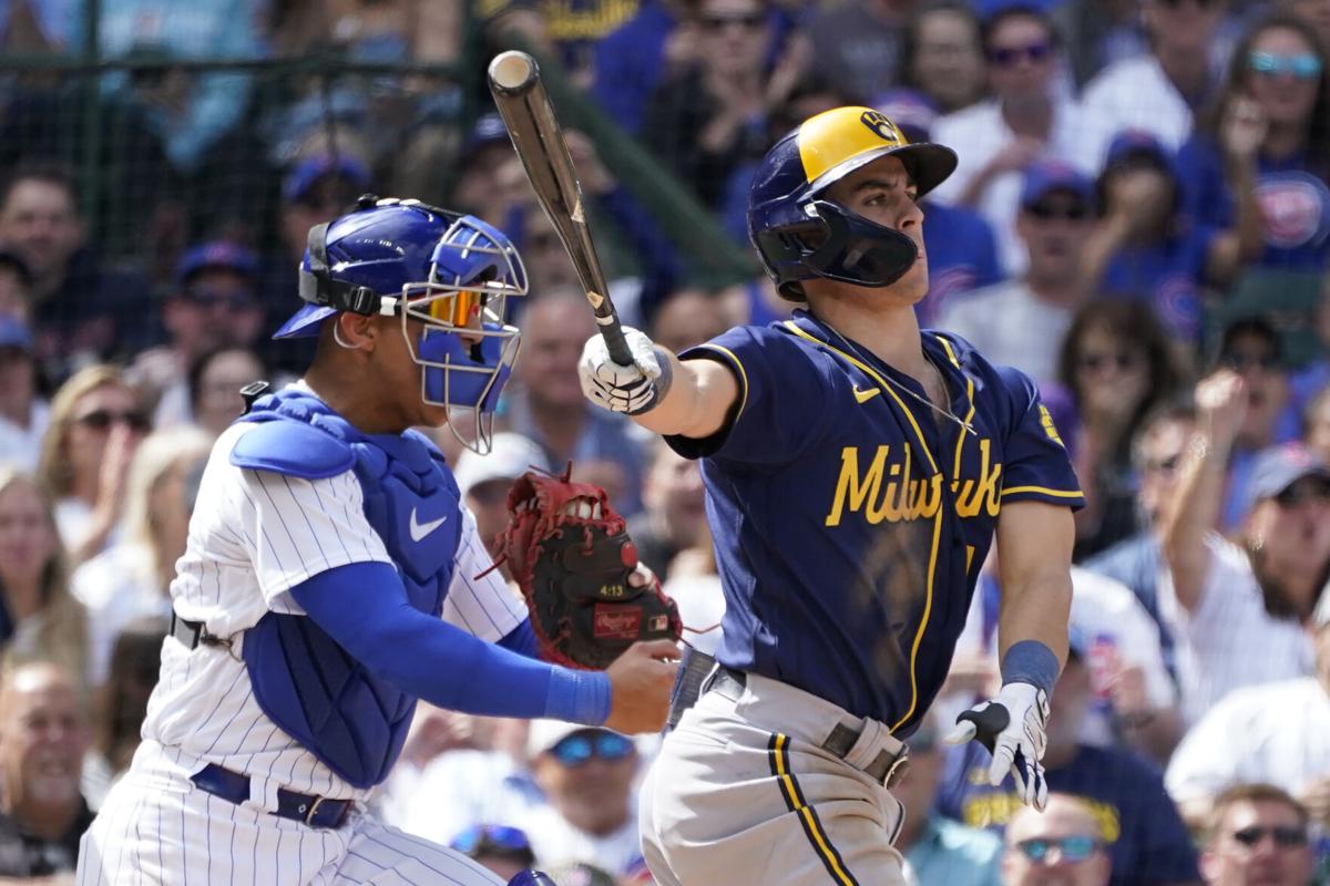 Milwaukee Brewers' William Contreras reacts after his home run against the  Detroit Tigers during the first inning of a baseball game Monday, April 24,  2023, in Milwaukee. (AP Photo/Jeffrey Phelps)