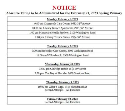 Kenosha clerk announces absentee voting dates and times for care facilities