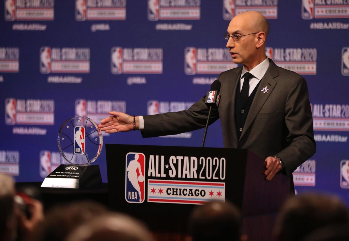 NBA Commissioner Adam Silver talks during events at NBA All-Star weekend on February 15, 2020, at the United Center in Chicago.