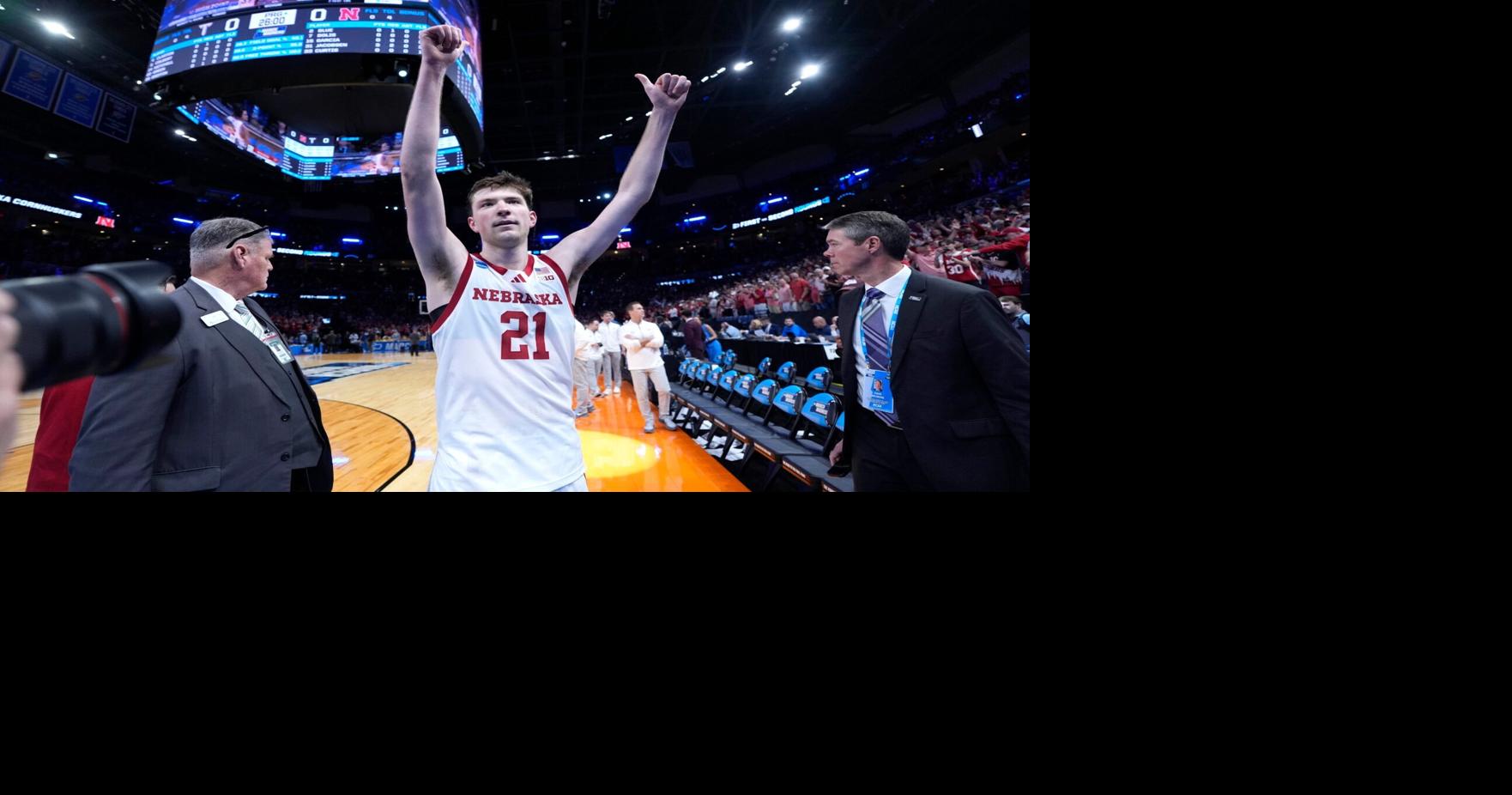 Nebraska Cornhuskers forward Pryce Sandfort (21) celebrates after a first-round game in the NCAA men's basketball tournament between Nebraska and Troy at Paycom Center in Oklahoma City, Thursday, March 19, 2026.