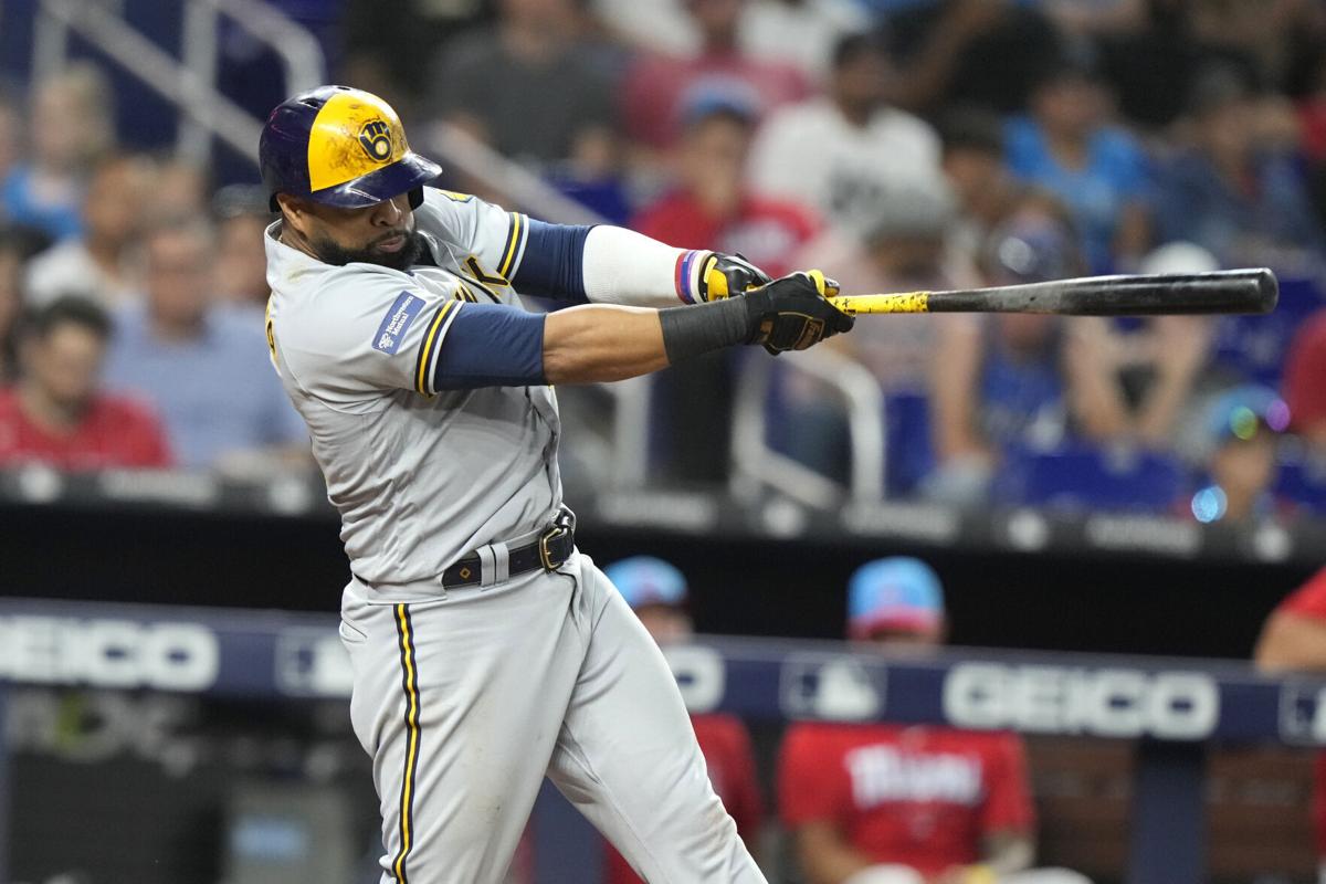 Carlos Santana gets his 300th career home run while with the Brewers