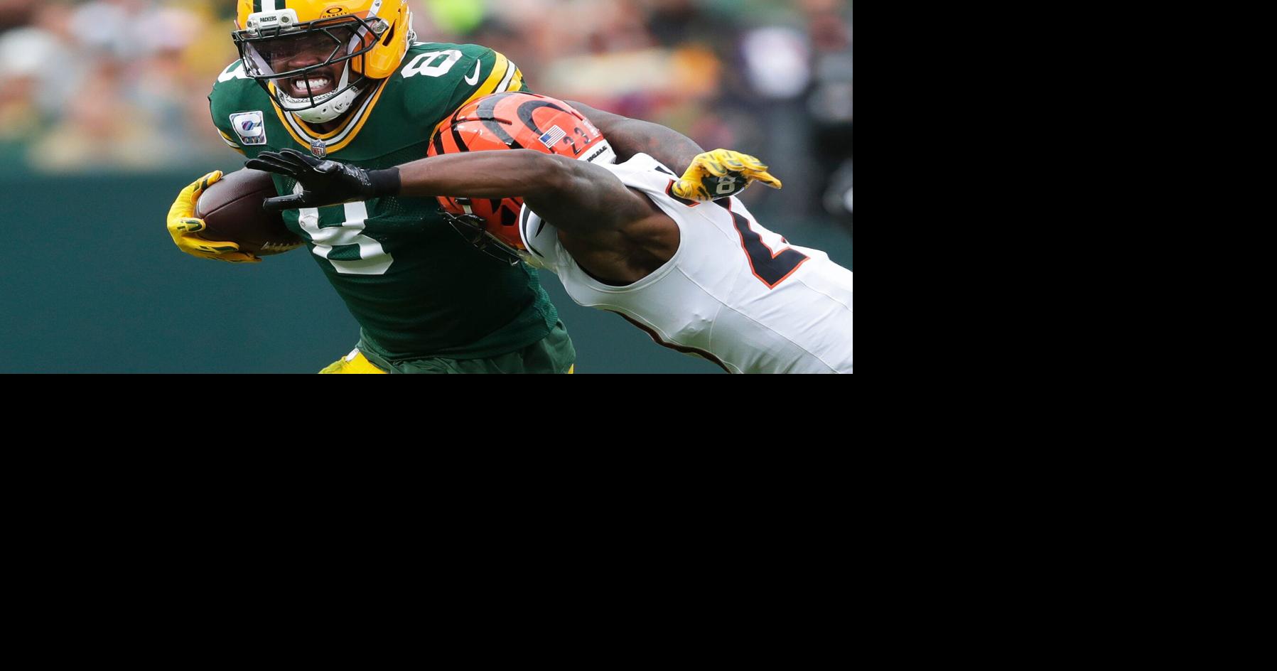 Green Bay Packers running back Josh Jacobs (8) runs the ball during a game against the Cincinnati Bengals on Oct. 12, 2025, at Lambeau Field in Green Bay, Wis. The Packers defeated the Bengals 27-18.