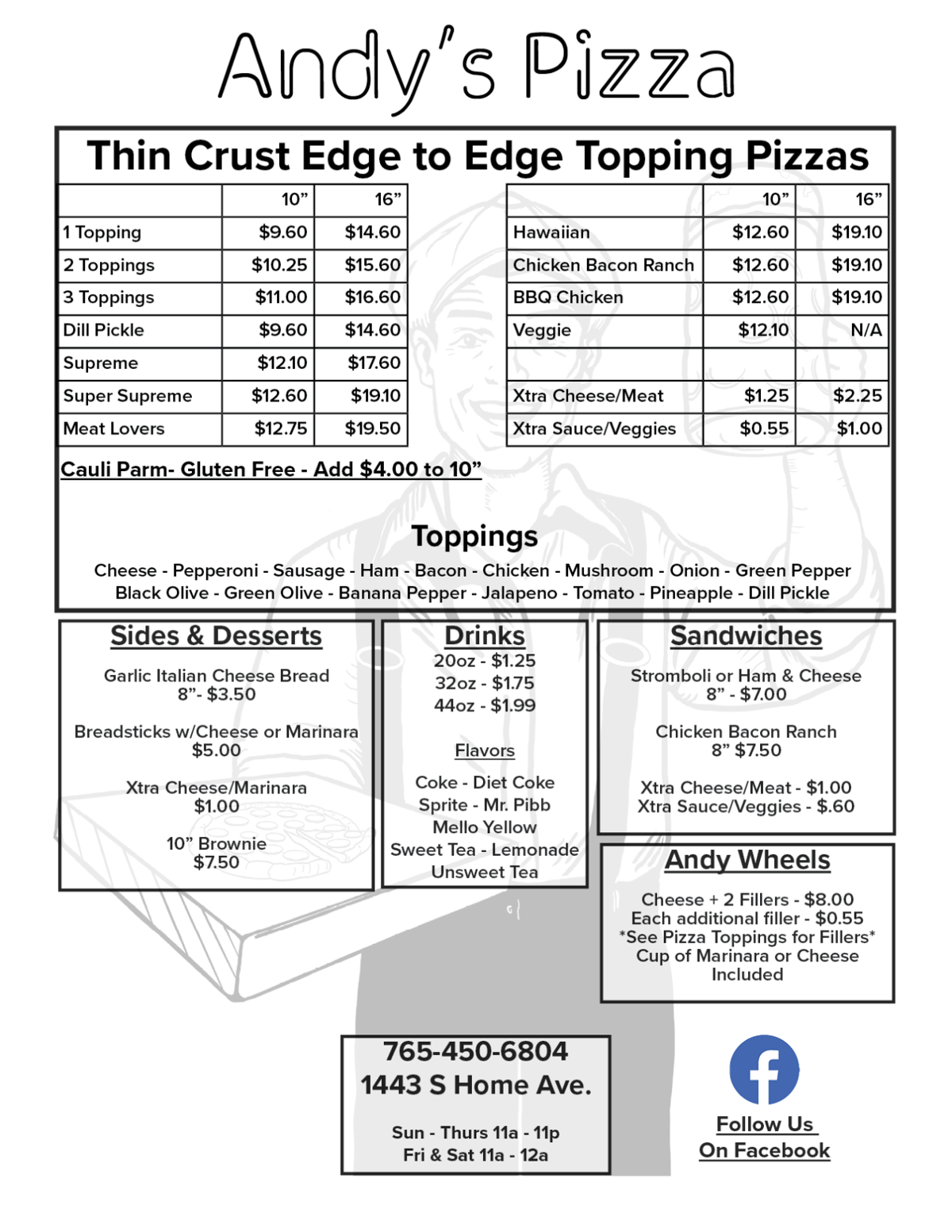 Andy's store pizza menu
