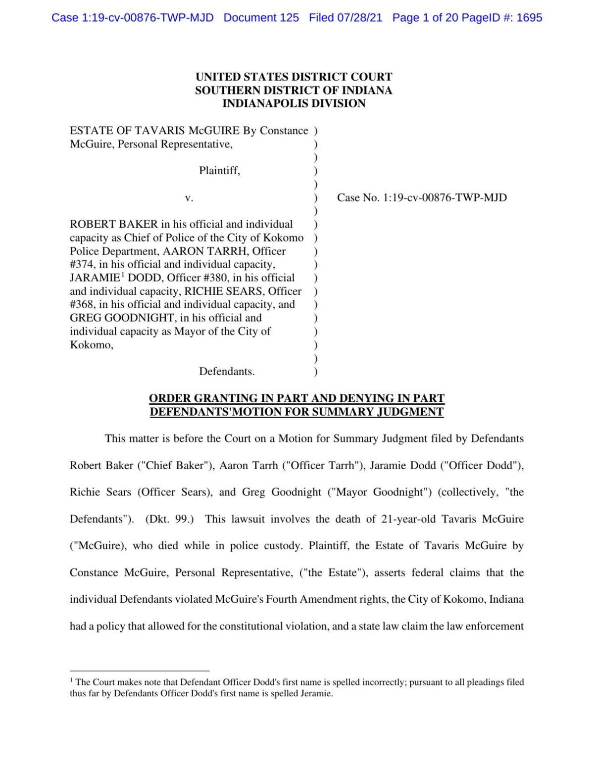 Judge's ruling on motion for summary judgment