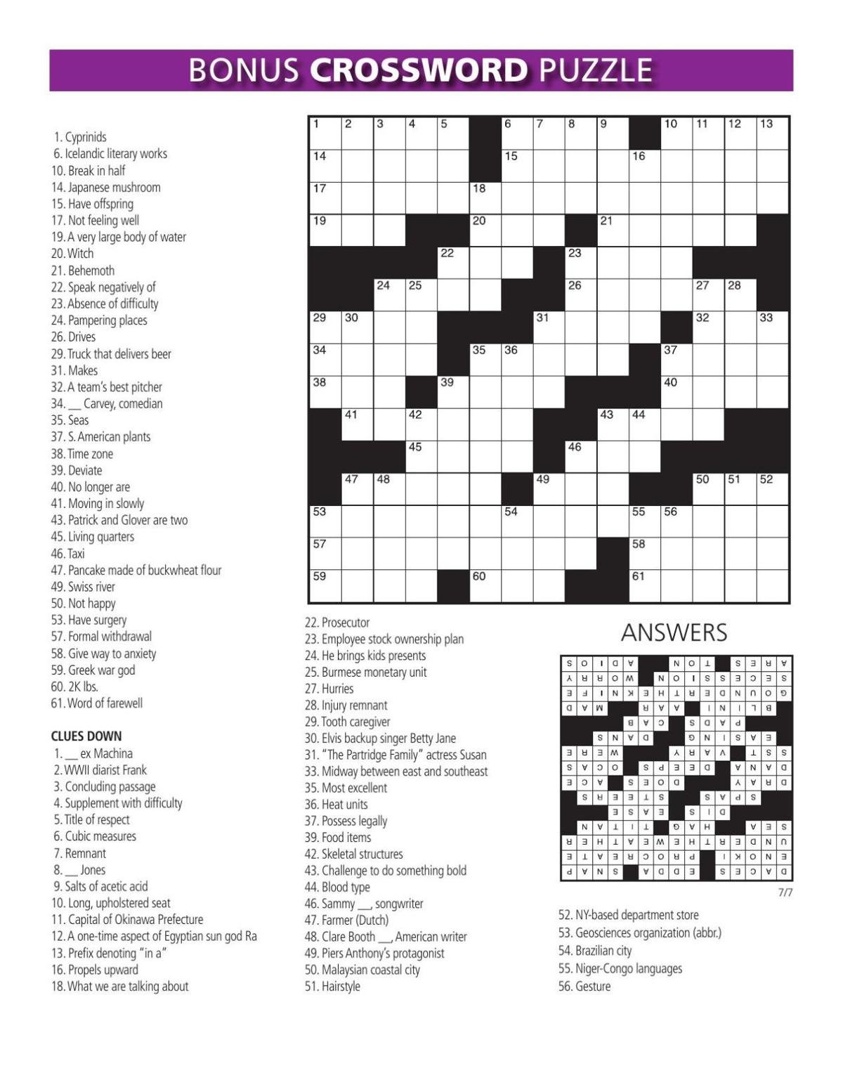 bonus puzzle and sudoku for the week of