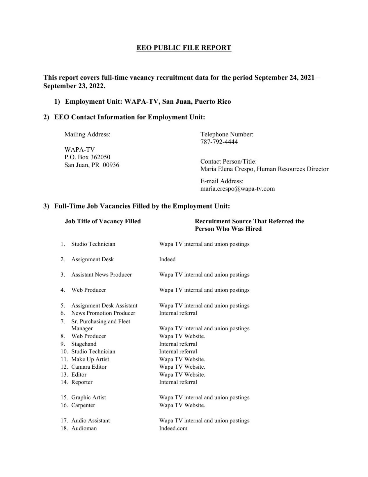 EEO PUBLIC FILE REPORT