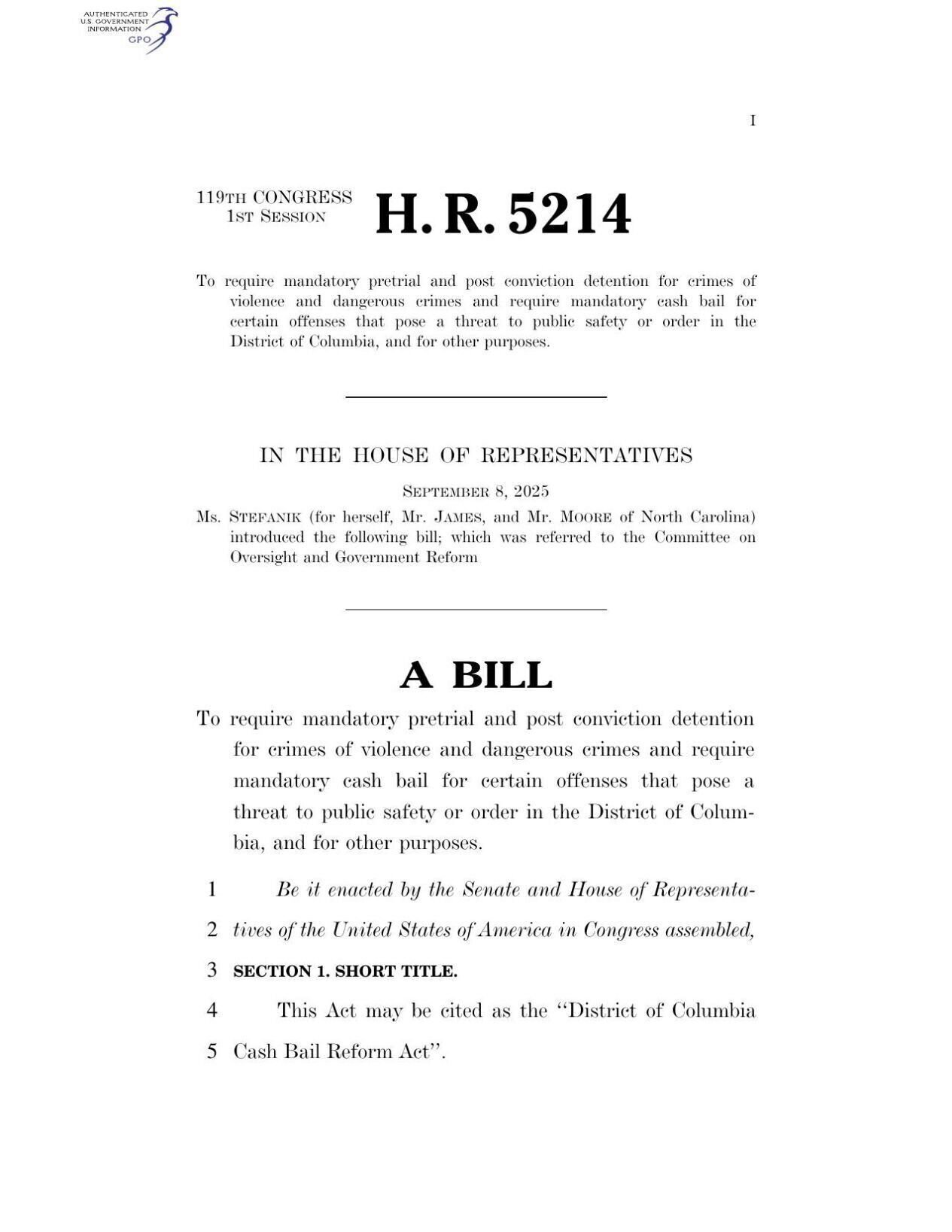 FNF - NY - District of Columbia Cash Bail Reform Act U.S. House