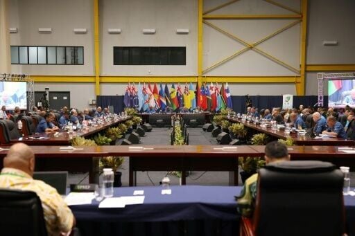 A general view shows the opening session of the leaders’ plenary at the Pacific Islands Forum summit in Honiara, the capital of the Solomon Islands, on September 10, 2025