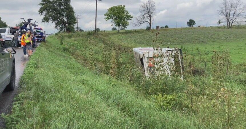 FedEx truck hydroplanes on Highway 63, lands in ditch