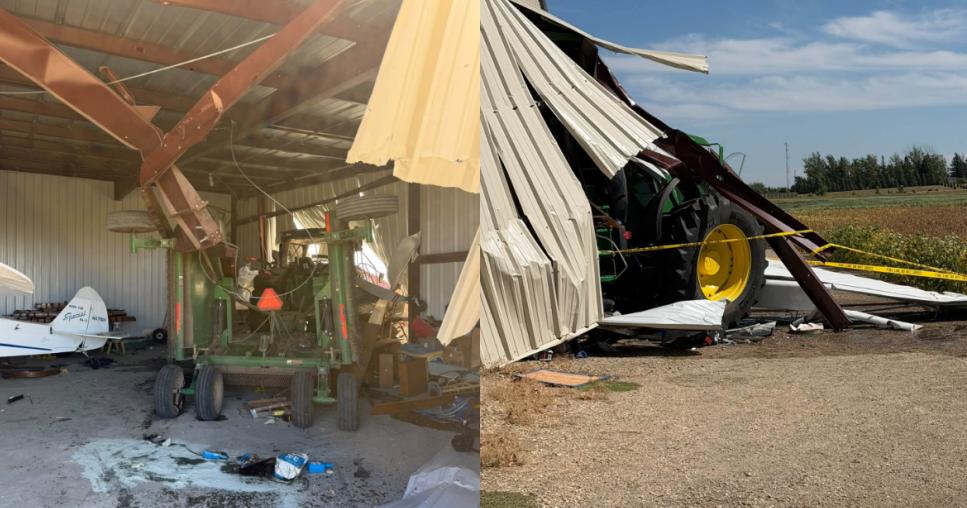 Medical emergency causes tractor operator to crash into hangar at airport in Enderlin, ND