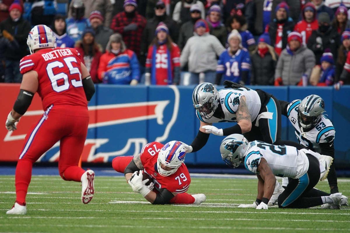 Buffalo Bills tackle Spencer Brown (79) walks off the field following a win  in an NFL