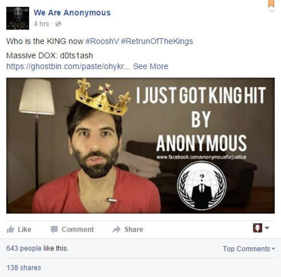 The hactivist group Anonymous took on "legal rape" blogger Daryush Valizadeh (also known as Roosh V). He canceled an international meetup day after it ...