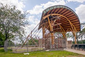 Metal braces added to stabilize iconic wooden Riverside Park band shell damaged in 2021 La Crosse wind storm