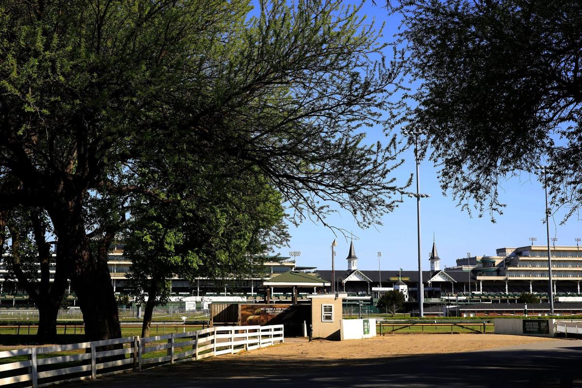 A view of the twin spires and empty grandstand from the barn area at Churchill Downs on May 02, 2020 in Louisville, Kentucky. The 146th running of the Kentucky Derby, originally scheduled for May 2nd, has been postponed to September 5, 2020 due to the COVID-19 pandemic.