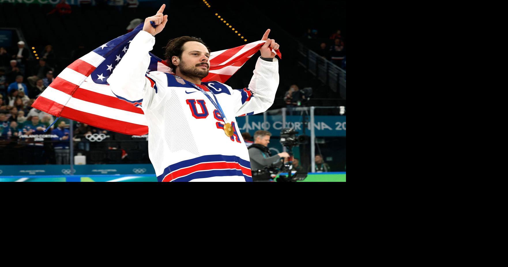 Feb 22, 2026; Milan, Italy; Auston Matthews #34 of Team United States celebrates after the game against Team Canada during the Milano Cortina 2026 Olympic Winter Games at Milano Santagiulia Ice Hockey Arena. Mandatory Credit: Geoff Burke-Imagn Images