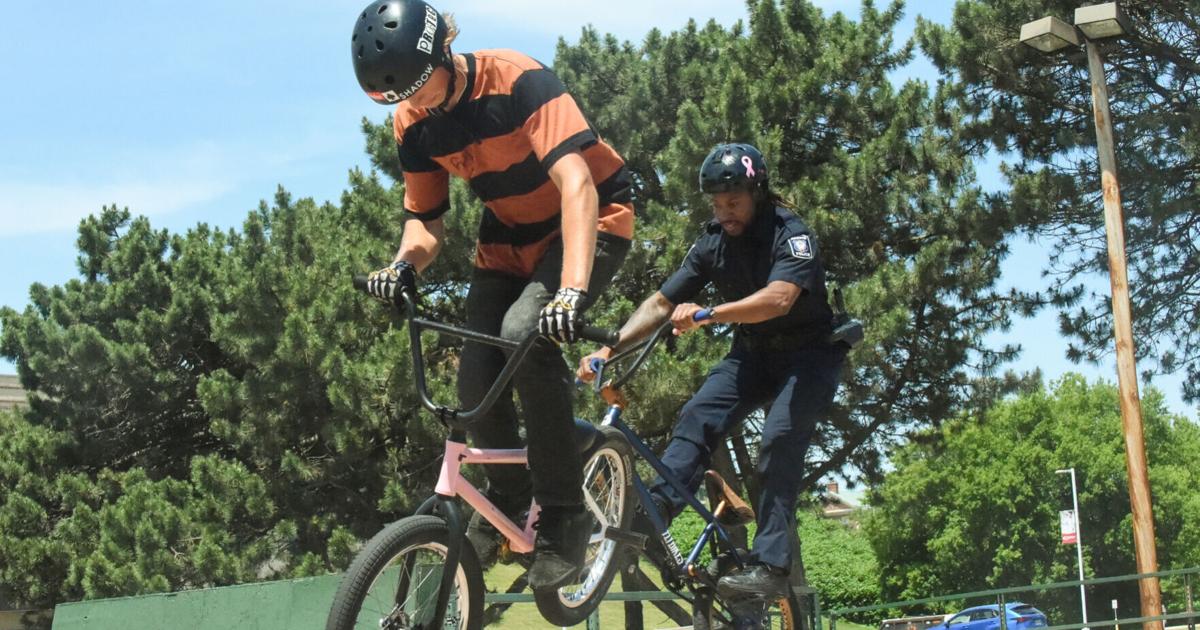 In photos: Police Officer Michael Gordon tears it up and bikes with kids at the Racine Skateboard Park |