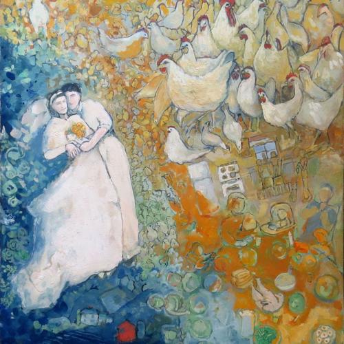 "Dad Gave Us 400 Baby Chicks for Our Wedding," painting by Lorraine Ortner-Blake