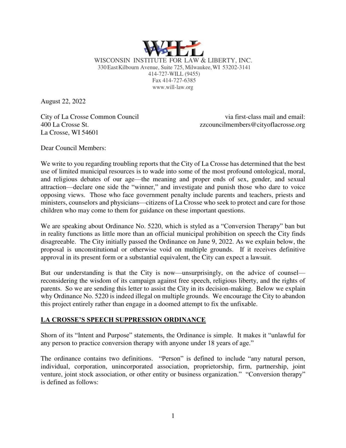 Conservative law group threatens lawsuit if city of La Crosse finalizes