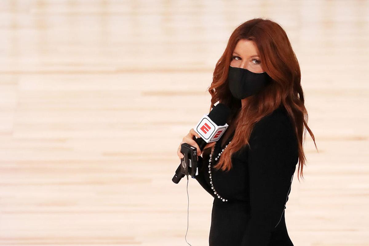 ESPN reporter Rachel Nichols stands on the court before a game between the Houston Rockets and the Dallas Mavericks at The Arena at ESPN Wide World Of Sports Complex on July 31, 2020 in Lake Buena Vista, Florida.