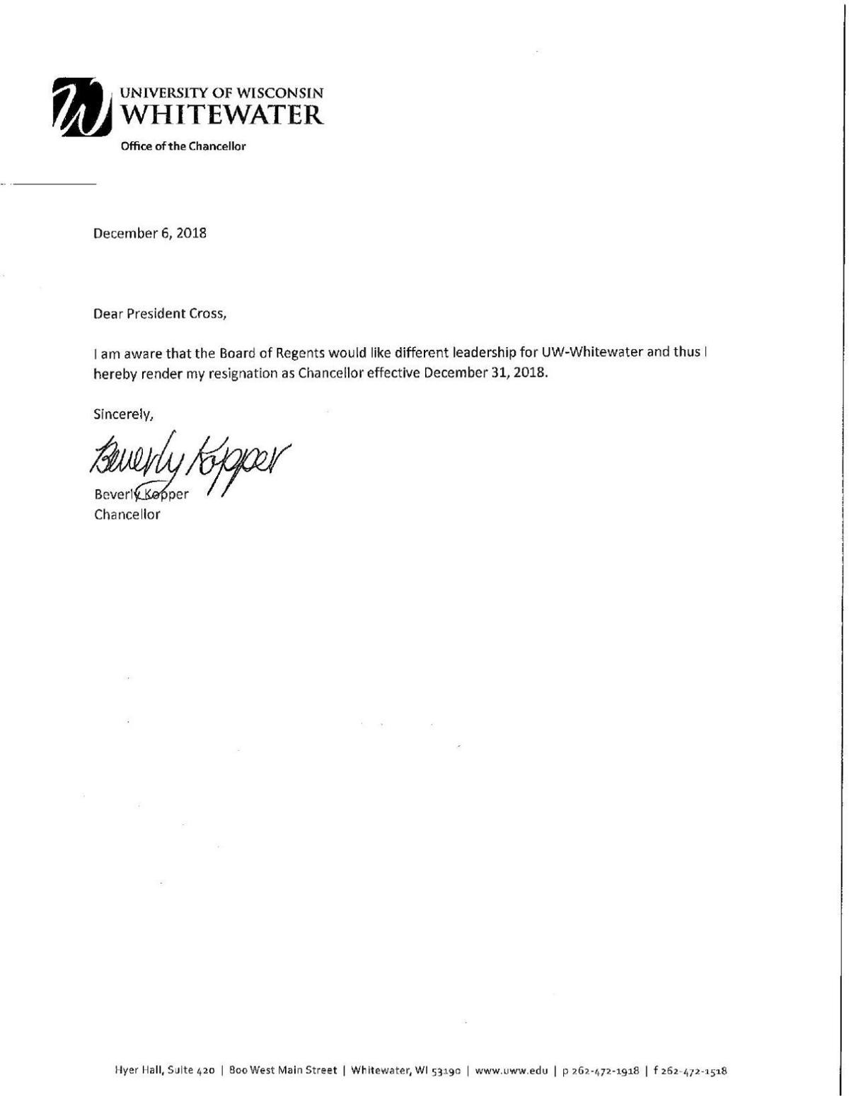 Uw Whitewater Chancellor S Resignation Letter Pdf State And Regional Lacrossetribune Com