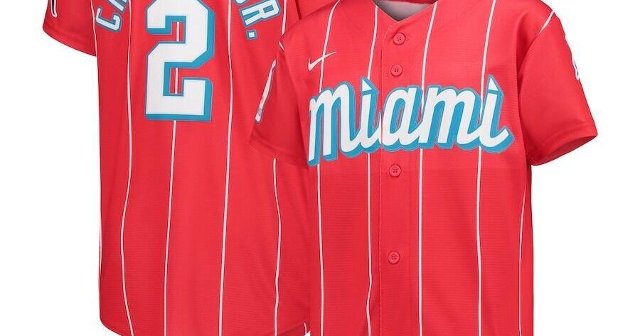 Jazz Chisholm Jr. Miami Marlins Nike Youth 2021 City Connect Replica Player  Jersey - Red.jpeg