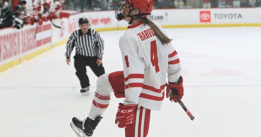 Wisconsin's Caroline Harvey celebrates after scoring a goal during the first period against Bemidji State Saturday Jan. 24, 2026 at LaBahn Arena in Madison, Wis.