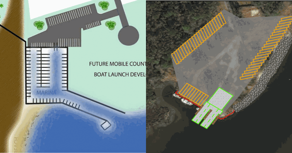 Initial plans for two new Fowl River boat launches appear to overlap