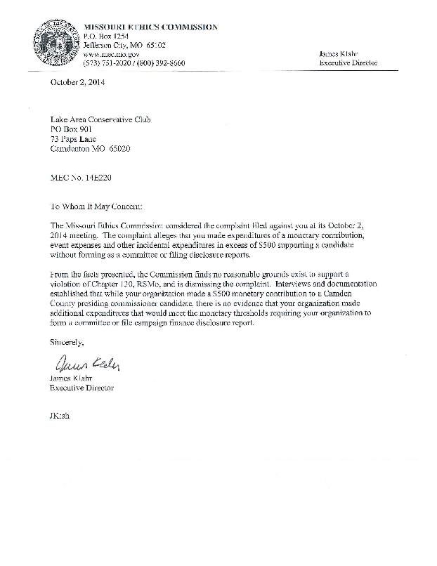 Missouri Ethics Commission letter to LACC & Cliff Luber | Lake of the ...