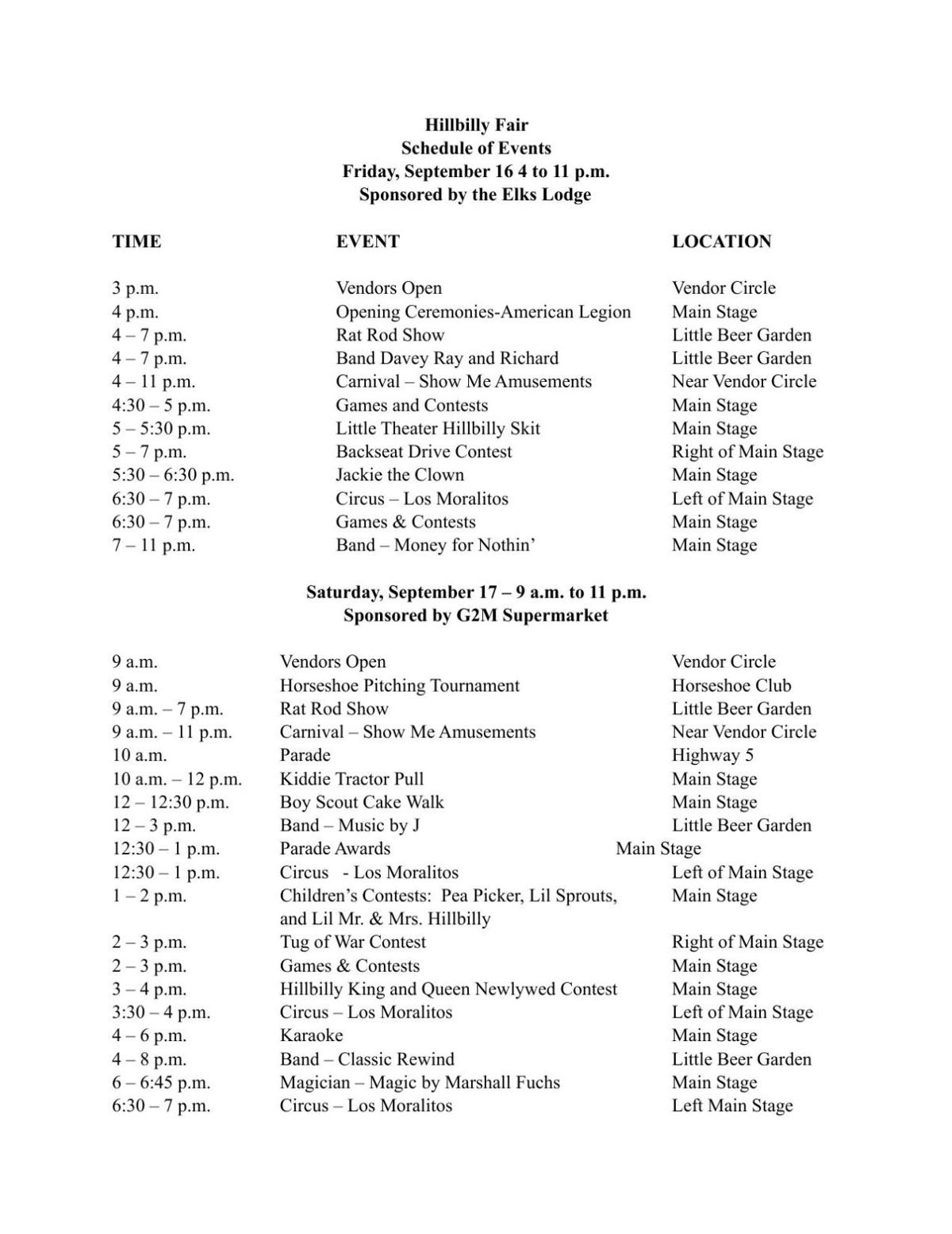 Hillbilly Fair Schedule