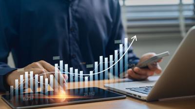 Market analytics, wealth management, rising stock charts, review financial reports