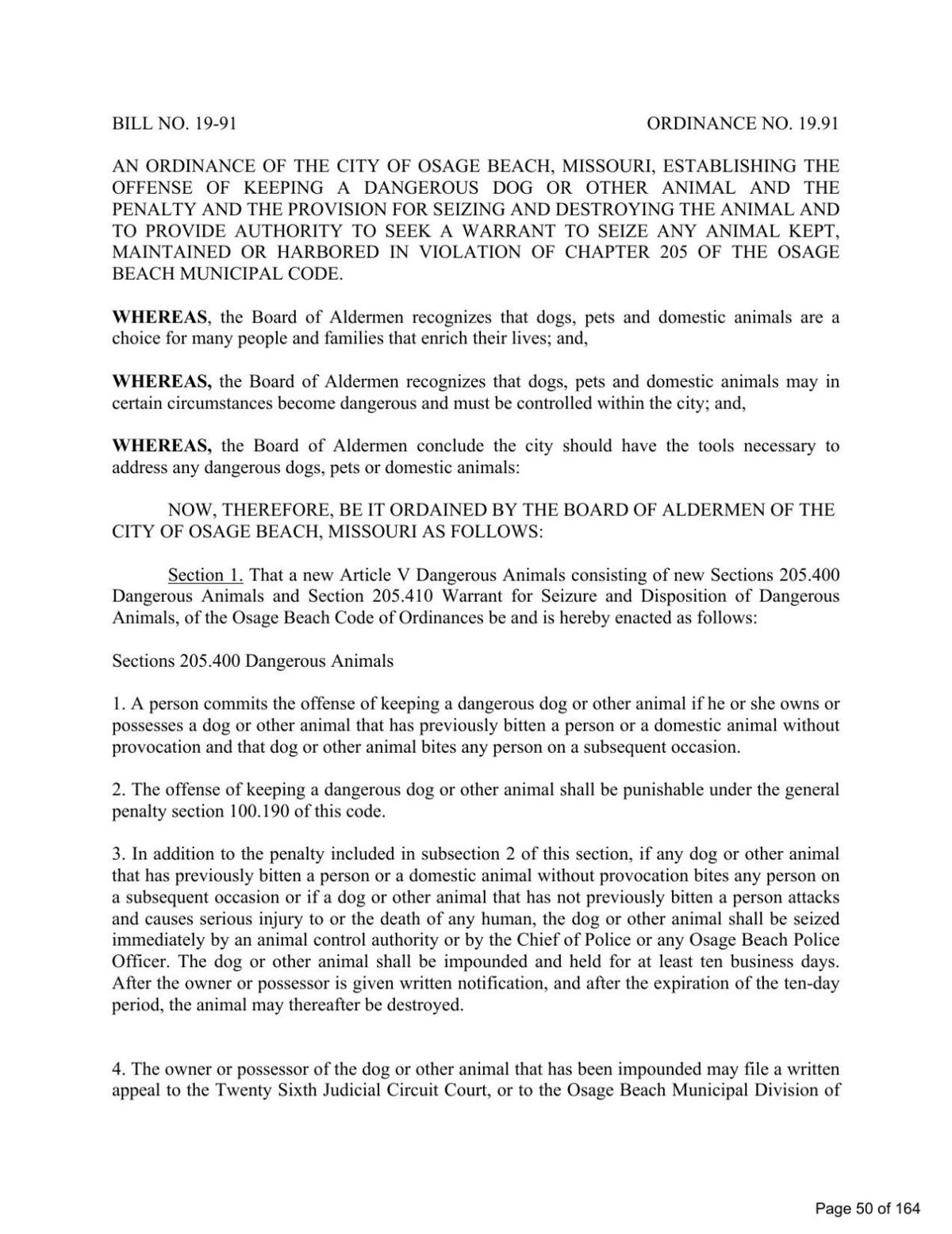Dangerous Animal Ordinance - Osage Beach