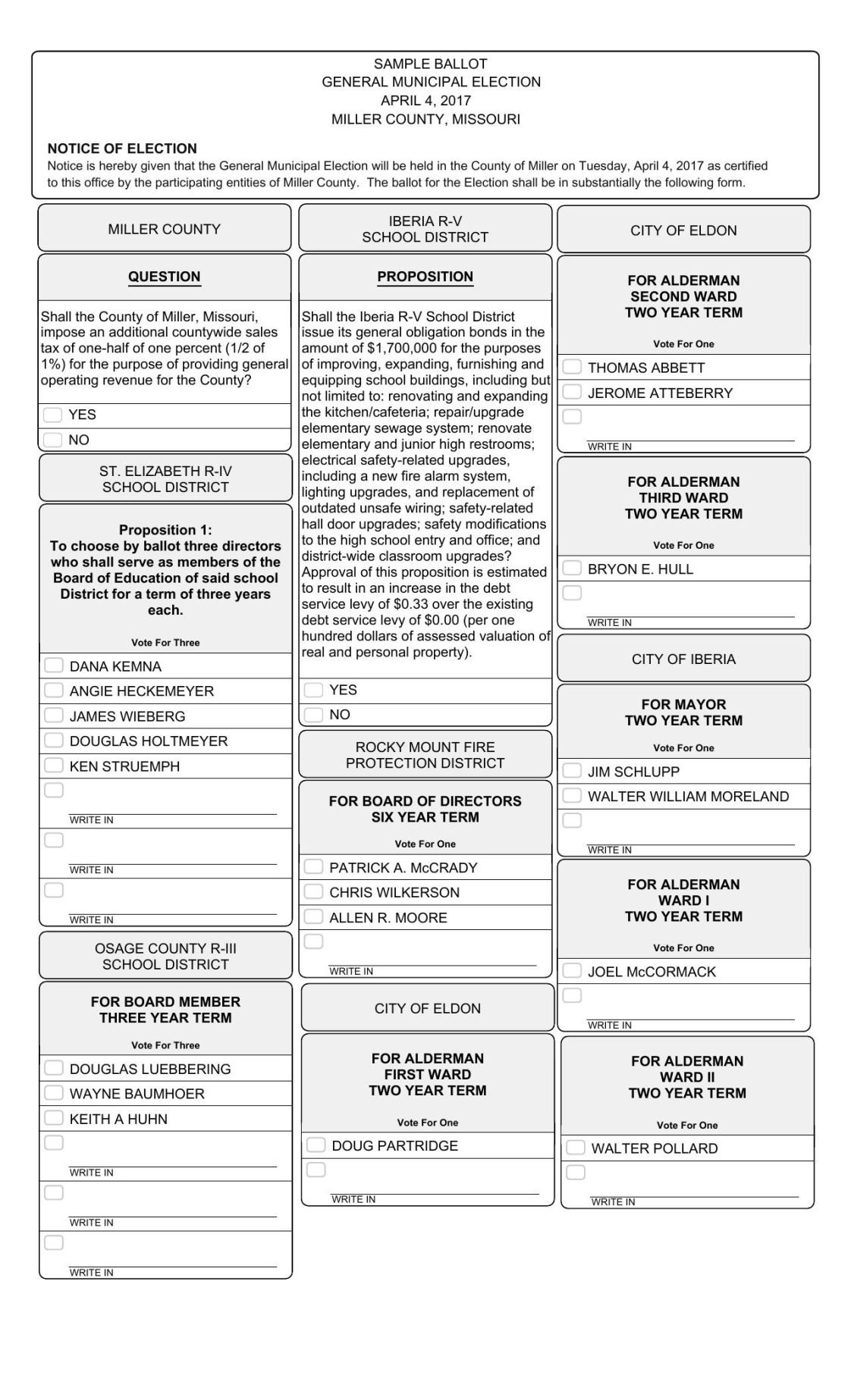 miller county sample ballot - april 4, 2017 community