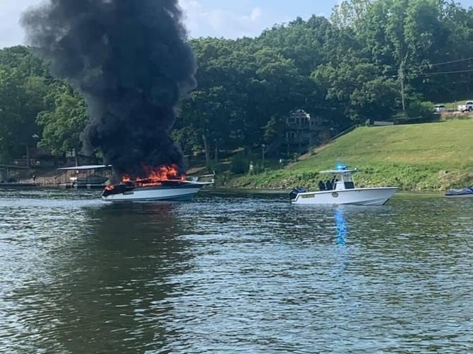 Boat Fire on Lake of the Ozarks - Backwater Jacks Cove - Quicky's Gas Dock