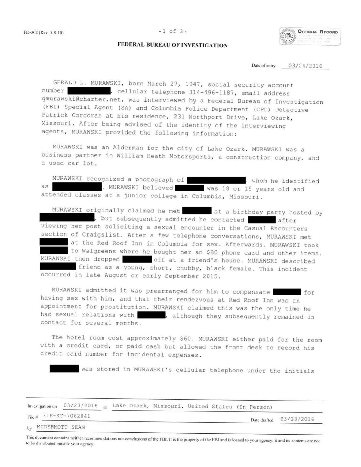FBI Report - Interview with Gerry Murawski