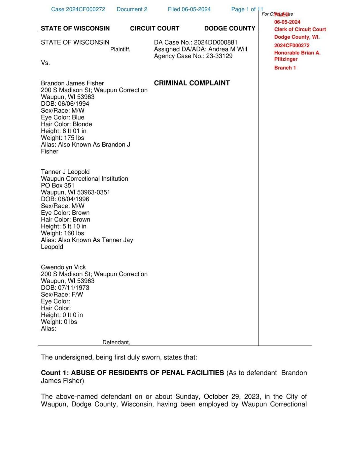 Waupun criminal complaints I