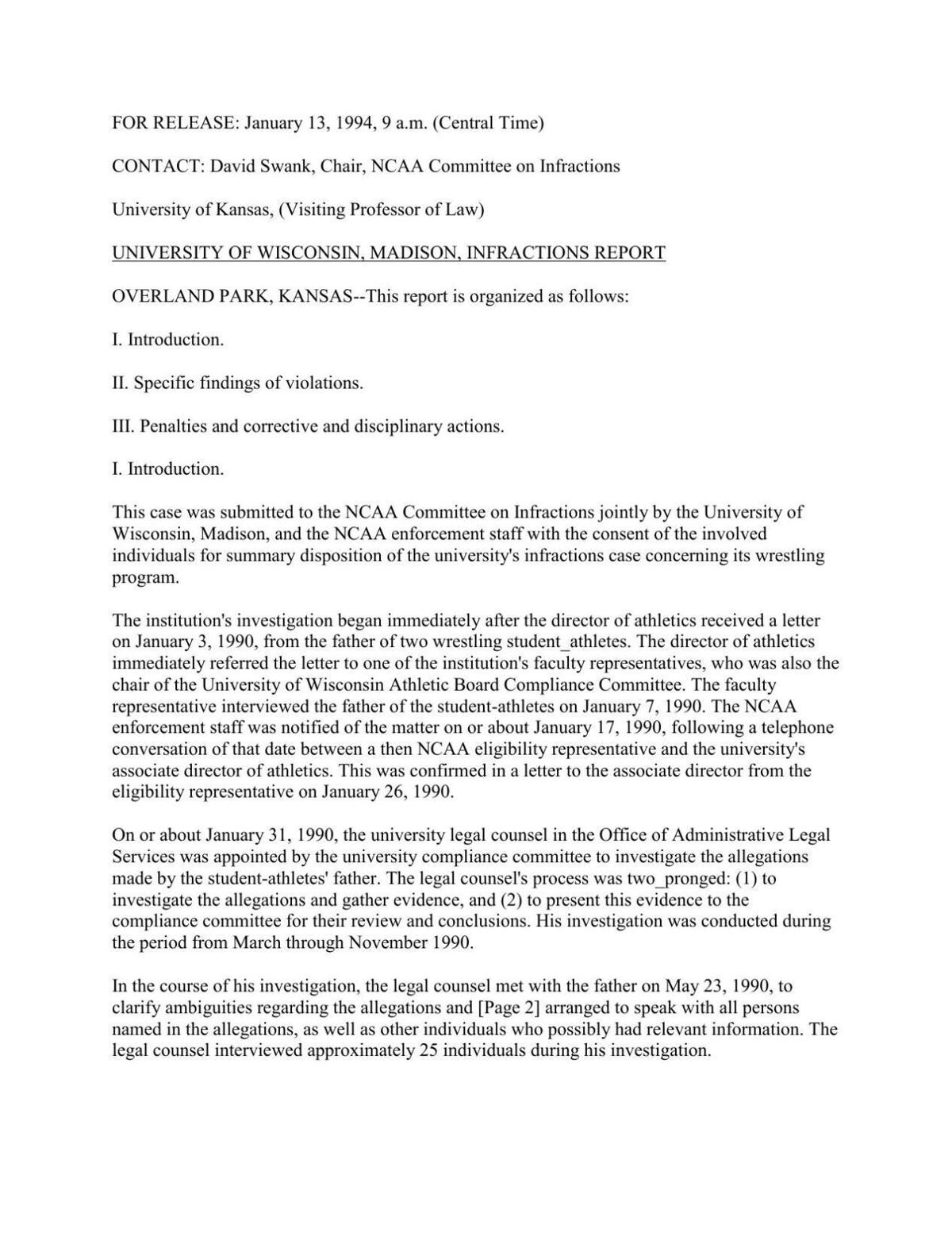 Wisconsin NCAA violation report, Jan. 13, 1994