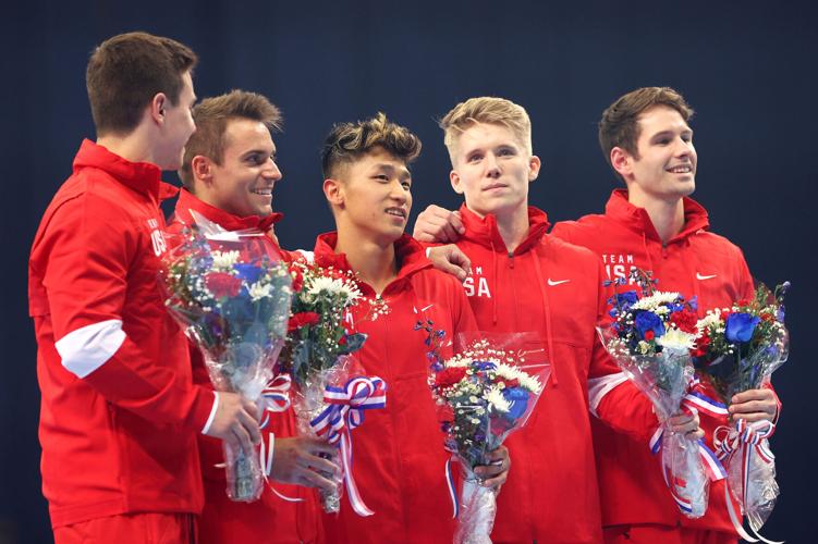 Brody Malone, Sam Mikulak, Yul Moldauer, Shane Wiskus and Alec Yoder after being selected to the U.S. Olympic Gymnastics team at the Men's competition of the U.S. Gymnastics Olympic Trials at America's Center in St. Louis on June 26, 2021.