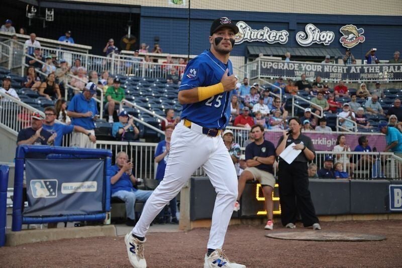 Andrew Fischer trots out to the field for the Class AA Biloxi Shuckers in the 2026 postseason.