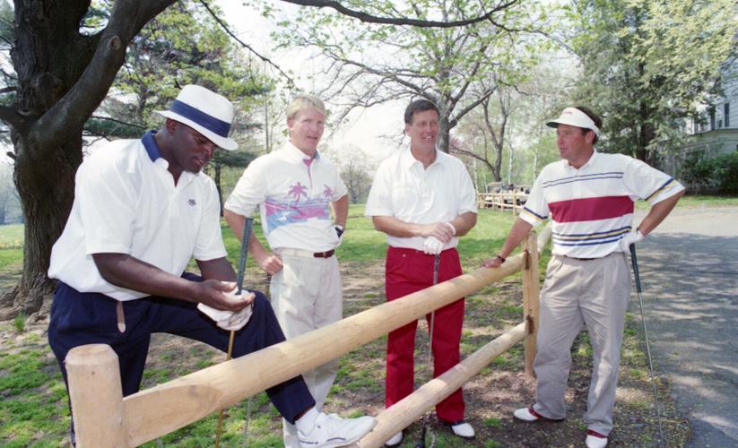 Gathering for a practice round prior to the May 12 Pro-Challenge Celebrity Golf match at Knickerbocker Country Club in Tenafly,