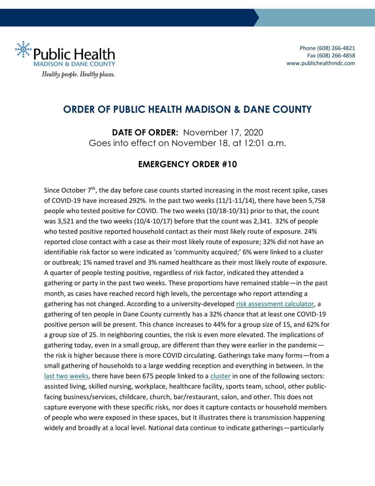 Dane County Emergency Order #10