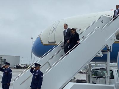 Vice President Kamala Harris and second gentleman Douglas Emhoff arrive in Buffalo