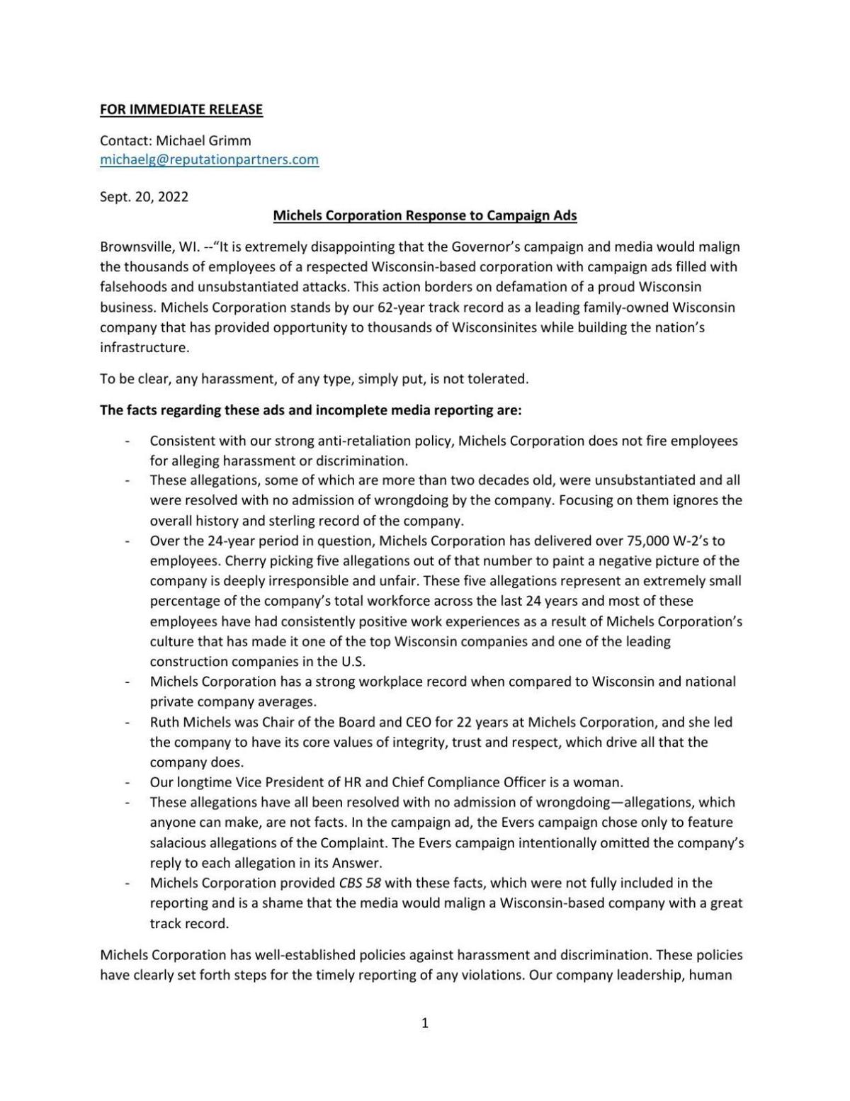 Michels Corp. statement