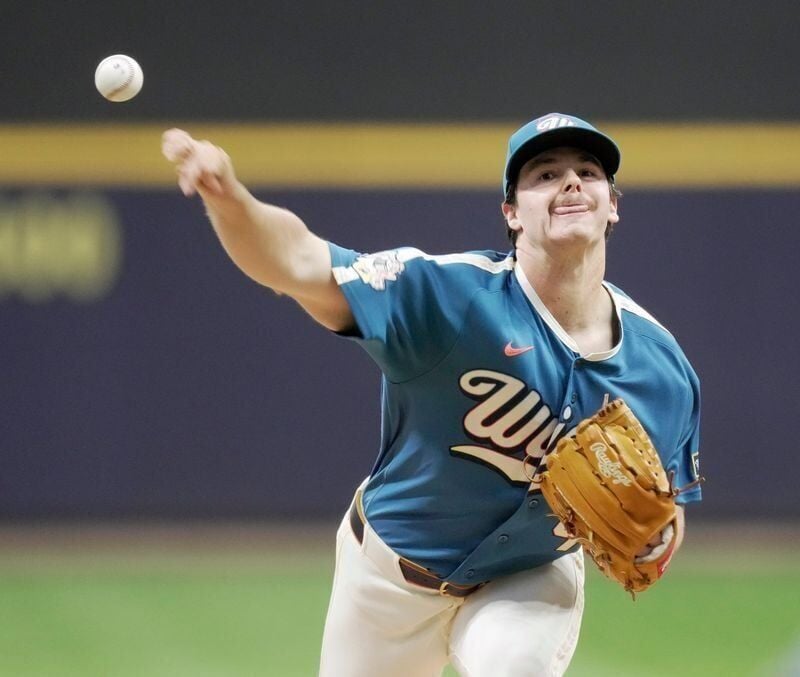 Milwaukee Brewers pitcher Logan Henderson (43) throws during the first inning of their game against the Los Angeles Dodgers Friday, May 22, 2026 at American Family Field in Milwaukee, Wisconsin.