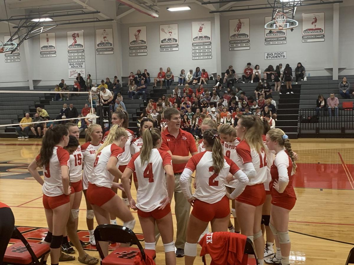 Coach Chad Roehl talks to the Big Foot girls volleyball team