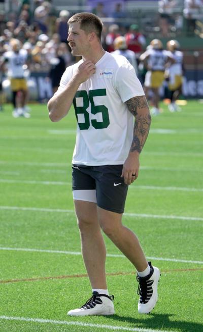 Injured Green Bay Packers tight end Tucker Kraft (85) is shown during the first day of training camp Wednesday, July 29, 2026 in