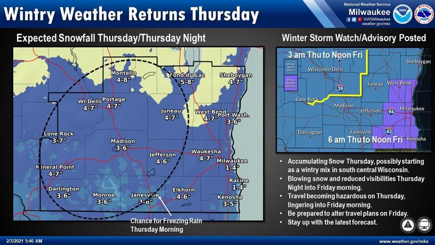 Expected southern WI snowfall by National Weather Service