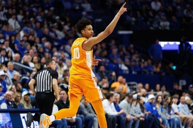 Feb 7, 2026; Lexington, Kentucky, USA; Tennessee Volunteers forward Nate Ament (10) celebrates a three-point basket during the first half against the Kentucky Wildcats at Rupp Arena at Central Bank Center. Mandatory Credit: Jordan Prather-Imagn Images