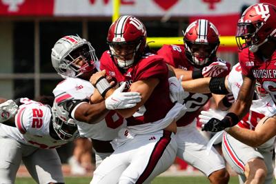 Sep 2, 2023; Bloomington, Indiana, USA; Ohio State Buckeyes safety Sonny Styles (6) tackles Indiana Hoosiers quarterback Brendan
