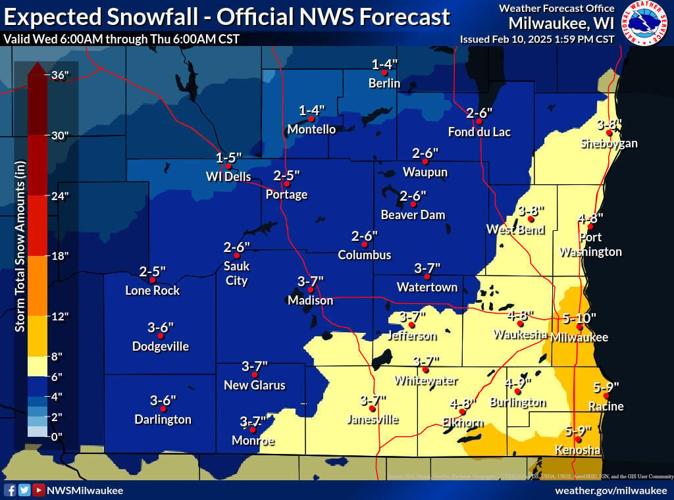 NWS expected snow totals through Thursday morning 2-13-25
