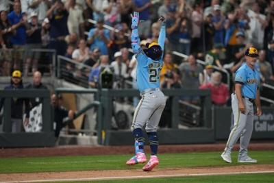 Milwaukee Brewers catcher William Contreras (24) celebrates after hitting a home run against the Athletics during the ninth inning at the Las Vegas Ballpark in Summerlin, Nevada, on June 8, 2026.